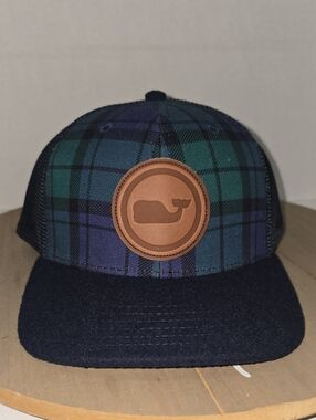 Vineyard Vines Charleston Green Navy Plaid Leather Whale Logo Trucker Hat NWT
